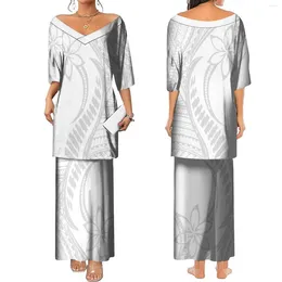 Abiti da festa in fabbrica all'ingrosso personalizzato samoa puletasi madre daypolynesian tribal women a due pezzi set di abiti grandi vccini da donna bianco abito bianco