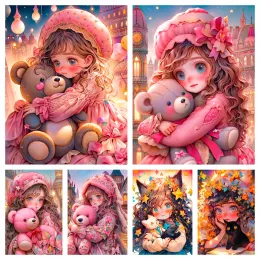 Costura desenho animado Diy 5d Diamond Pintura fofa de garotinha segurando Little Bear Doll Bordado Mosaic Kits Cross Cross Decoração de casa Presentes de aniversário