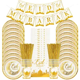 Эйд Мубарак Одноразовая посуда на посуду золотой тарелки баннер подарочные пакеты Исламская мусульманская вечеринка поставки Рамадан Карим украшения 240506