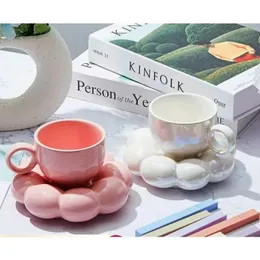 Tumblers Simple Sunflower Coffee Cup Set Office Home Macaroon Series Ceramic и соус Pink Pearl White Creative Mitue H240506