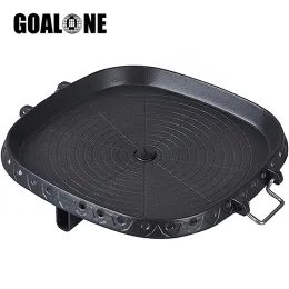 Grills GOALONE Korean BBQ Grill Pan with Maifan Stone Coated Surface NonStick Camping Frying Pan Portable BBQ Grill Plate for Outdoor