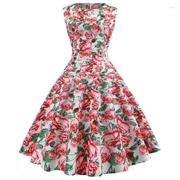 Vestidos casuais mulheres vestido de verão sem mangas impressão floral midi o pescoço retrô robe rockabilly party