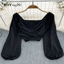 قمصان بلوزات المرأة النسائية beiyingni 2022 Springsummer vneck bluesas womens plate pattery sexy sexy sexy long long puff blozes womens chic ruched crops tops womensl2