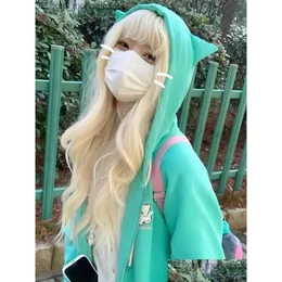 Erkek Hoodies Sweatshirts Harajuku Kaii Y2K Stil Hoodie Kadınlar 2023 Japon Tatlı Kediler Kulaklar Buharda Kedi-Kulak Şeklin