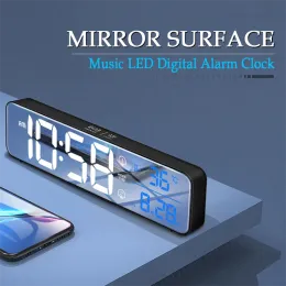 Clocks Music LED Digital Alarm Clock Temperature Date Display Desktop Mirror Clocks Home Table Decoration Voice Control 2400mAh Battery