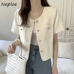 Neploe Vintage Fragrant Style Clothing Femme O-Neck Metal Button Loose Versatile Short Sleeve Tweed Coat French Simple Jacket 240506