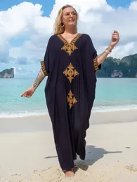 Elegant Gold Embroidered Long Kaftan Retro V-neck Black Maxi Dress Women Summer Clothes Beach Wear Swim Suit Cover Up Q1373