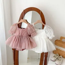 Baby christening dresses summer toddler kids lace gauze puff sleeve Bows belt rompers infant girls 1st birthday party climb clothing Z7967