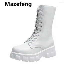 Buty Mazefeng biała czarna skórzana kostka Kobieta jesienna zima okrągłe palce koronkowe buty kobietę moda platforma motocyklowa Botas