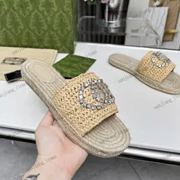 2024 Straw Weave Slippers G Sandal Platform Raffias Slide Big crystal letters Designer Womans Summer Flat Heel Casual Flip Flops Espadrille Pool Sliders Beach shoes