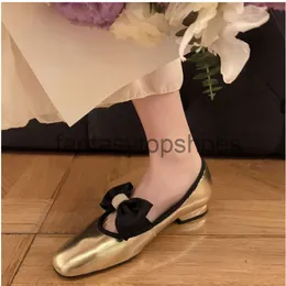 Chanelllies Gold ballet Mary flats Channeles Silver Bow Jane tie Shoes Fashion Leather Sweet Womens Single Shoes Lady ccs