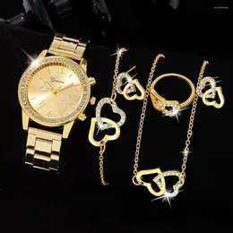 Armbanduhren 6PCS Frauen Quarz Watch Gold Schmetterling und Set Halskette Ring Ohrringe Armband
