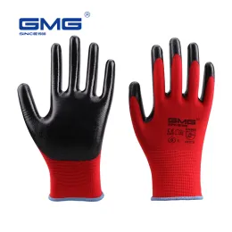 Luvas para luvas masculinas Nitrila Nitrila Impermeável GMG Red Polyester Black Luvas nitrônicas lisadas Construção Luva mecânica de trabalho que trabalha