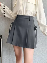 Skirts UETEEY Pleated Skirt For Women Lace Up Spring Summer 2024 Korean Fashion High Waisted Y2k Chic Gray Black Mini