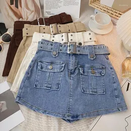 Frauen Jeans Chic Retro Jeans Shorts für Frauen Mädchen hoher Taille A-Line-Gürtel gewaschener Kurzliebhaber Mode fallen lassen