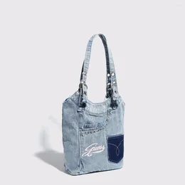 DrawString y2k flickor axelväska mode vintage denim handväska pures jeans lapptäcke nitar totes kvinnor väskor