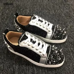 Casual Shoes Silvery Rivet Round Toe Men Lace Up Flats Low Top Bling Sneakers Bottom Zapatillas Hombre Plus Size 35-47