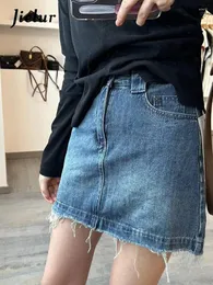 Skirts Summer Fashion Slim Denim Woman High Waist Tassel Solid Color A-line Blue Black Grey Korean