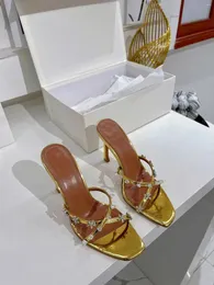 Sandaler kvinnor 2024 dam högklackade skor vackra blommor strass äkta läderpumpar 9,5 cm tofflor guld loafer bröllop