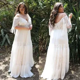 Spalla in pizzo Plus Off size Abiti Bohemia Abiti spaghetti Abito da sposa Chiffon Beach Abito da sposa Robe De Marie