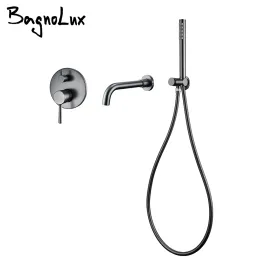 Set Bathtub Mixer Tap Set Shower Hot and Cold Bathroom Faucet Brushed Stanless Steel Diverter with Wall Mount Spout Handheld Hose