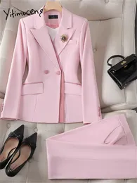 Yitimuceng Pink Women Suits Office set mode notched långärmad dubbelbröst blazers chic hög midjebyxa 240423