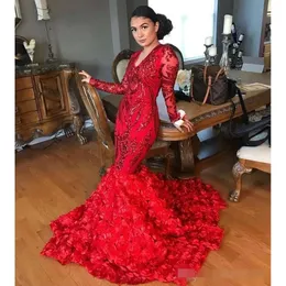 Dresses Modest Red Sleeves Prom Sequins Long V Neck Flowers Sweep Train Mermaid Plus Size Evening Party Pageant Ball Gown Vestido Estido