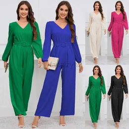 Women's Two Piece Pants Leisure solid color V-neck long sleeved slim fit temperament straight leg long pants jumpsuit belt new style plus size Two Piece Sets