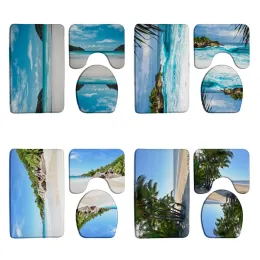 Mats Blue Ocean Bathroom Rug Set 3Pcs AntiSlip Tropical Island Palm Tree Sea Beach Shower Bath Mat Ushaped Carpet Toilet Seat Cover