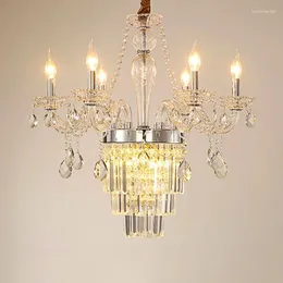 Kronleuchter französische romantische Gold Luxus Villa Crystal LED Kronleuchter Nordic Elegant Clear Color Color 6-Head Schlafzimmer Hall E14 Pendent Lampe