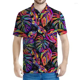 Herrpolos färgglada tropiska blad grafisk polo skjorta 3d tryckt t-shirt män toppar sommar överdimensionerade tee tröjor casual knapp korta ärmar