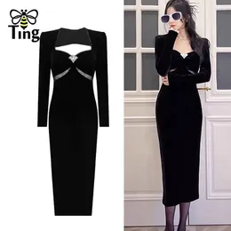 Lässige Kleider Tingfly Women Mode Design hochwertiger Knopf sexy schlanke Körperkonparty Nachtkleid Lady Vintage Elegante schwarze Farbe