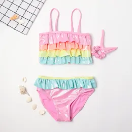 Swimwear Tuonxye Summer Girls 'Söta regnbågens barns delade badkläder ruffle kant triangel baddräkter mode bikini baddräkter (gåva)