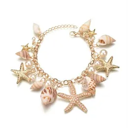 Charmarmband Obega Summer Conch and Starfish Charm Armband för kvinna Chic White Imitation Pearl Gold Color Justerbar kedja strandsmycken