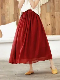 Kjolar Johnature Summer Solid Color Retro Elastic midja spetsar upp halv kjol 2024 Löst bekväma all-match kvinnor mode