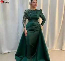 2022 Hunter Green Green Muslim Seval Dresses with Detachabel Train Picture Dreal Sleeve Aso Ebi African Hosted Kaftan Prom G2420982
