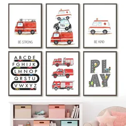 Papers Alfabetutbildning Ambulance Fire Truck Nursery Wall Art Nordic Affischer Canvas Målning och tryck Väggbilder Barnrum J240505