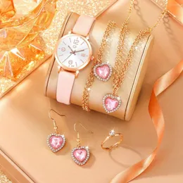 Armbanduhr 6PCS Ladies Fashion Fashion Designer Star Digitaler Strassleder Quarz Wache voller Diamond Love Pulver Crystal Jewel Set