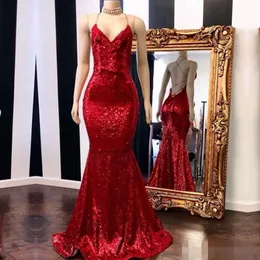 Red Spaghetti Evening Sequins Dresses Bling Mermaid Straps Sexig rygglös 2019 Custom Made Plus Size Long Prom Tail Party Gowns