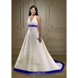 Elegant Red Wedding Dress: Royal Blue Accents, Halter Neck