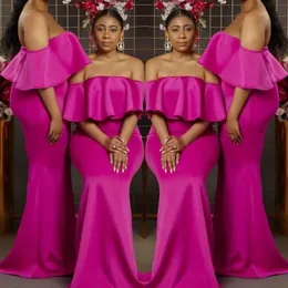 STORLEK PLUS Made Bridesmaid Fuchsia Dresses Custom Off the Shoulder Ruched Floor Length Maid of Honor Gown African Wedding Guest Party Wear