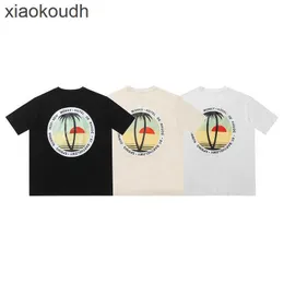Rhude High end designer clothes for Fashion Sunset Coconut Tree Letter Printing Short Sleeve Tshirt for Men and Women High Street Loose Half Sleeve With 1:1 original