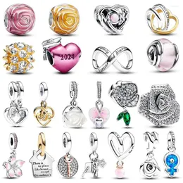 Lose Edelsteine 2024 925 Sterling Silber Muttertag Geschenke Dangle Charme Sparkling Rose in Blüte übergroßes rosa Abschluss Herz