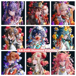 Stitch Genshin Impact Anime 5D AB Diamond Painting Video Video Xiao e Zhongli Cross Stitch Rhinestones Mosaic Bordado Decoração de casa