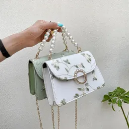 Torby na ramię Kobiety vintage Pearl łańcuch torebki Pu Net Yarn Flower Haftowanie żeńska torba Messenger Mała Tote Crossbody