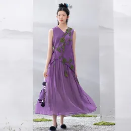 Casual Dresses A Life On the Left Women Silk Hanfu Dress Summer Sleeveless Cross Breasted V-Neck 3D Handgjorda virkning Blomma vintage länge