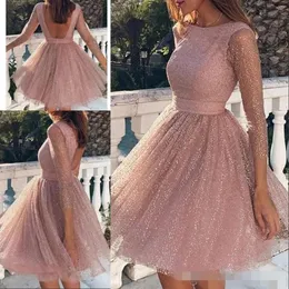 Kurze Kleider Prom Pink 2021 Roségold Pailletten Schaufeln Hals Rückenless 3/4 Langarmes Custom Made Evening Party Gown Plus Size