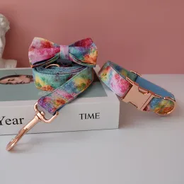Collars Pet Dog Cat Rainbow printing Collar Leash Set With Bling Bow Pet Puppy Neck Strap For French Bulldog Powdery bottom 02