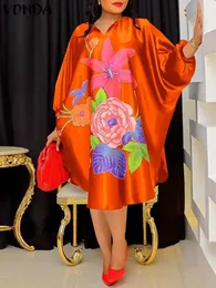 Плюс размер 5xl Vonda Women Sundress 2024 Осенний Bohemian Floral Print Elegant Midi Dress 34 Рука для летучей мыши повседневно свободно Retro Robe 240506