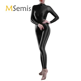 Suits Womens Lingerie Bodysuit Onepiece Shimmery Smooth High Neck Long Sleeves Ankle Length Doubleended Zipper Leotard Jumpsuit